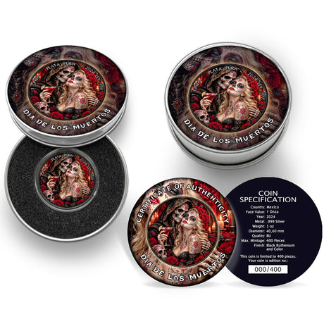A circular decorative coin or medallion featuring a Day of the Dead-style woman with sugar skull makeup holding a Martini gloss with red fluid.. A hooded skeleton embraces her cheek. The text '1 ONZA PLATA PURA 2024 LEY .999' around the border of the coin. The Coin is in an open Tin Case. A Colsed Tin Case sits next to it and below is a certificate of Authenticity