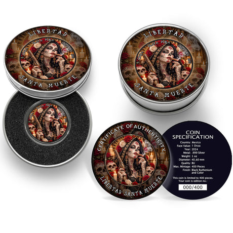 A circular decorative coin or medallion featuring a Day of the Dead style portrait of a tattooed woman with red roses, skulls, candles, and ornate jewelry, holding a revollver and smoking a cigar with the text '1 ONZA PLATA PURA 2024 LEY .999' around the border, shown against a dark blue background. The Coin is in a Tin with an open lid. Next to it is a closed tn and a certificate of authenticity.