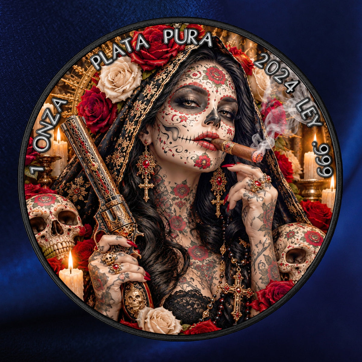 A circular decorative coin or medallion featuring a Day of the Dead style portrait of a tattooed woman with red roses, skulls, candles, and ornate jewelry, holding a revollver and smoking a cigar with the text '1 ONZA PLATA PURA 2024 LEY .999' around the border, shown against a dark blue background