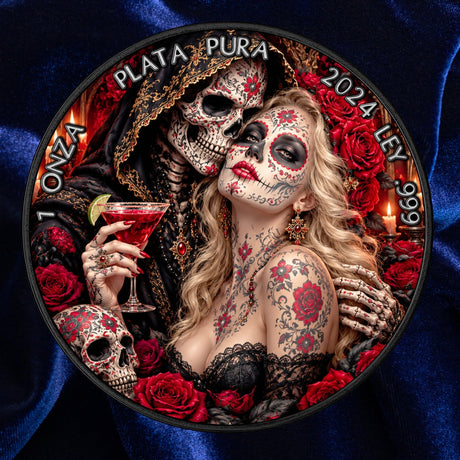 A circular collectible coin or medallion featuring a Day of the Dead theme with a hooded skeleton figure and a tattooed woman surrounded by red roses and a decorated skull, set against a dark blue satin fabric background.