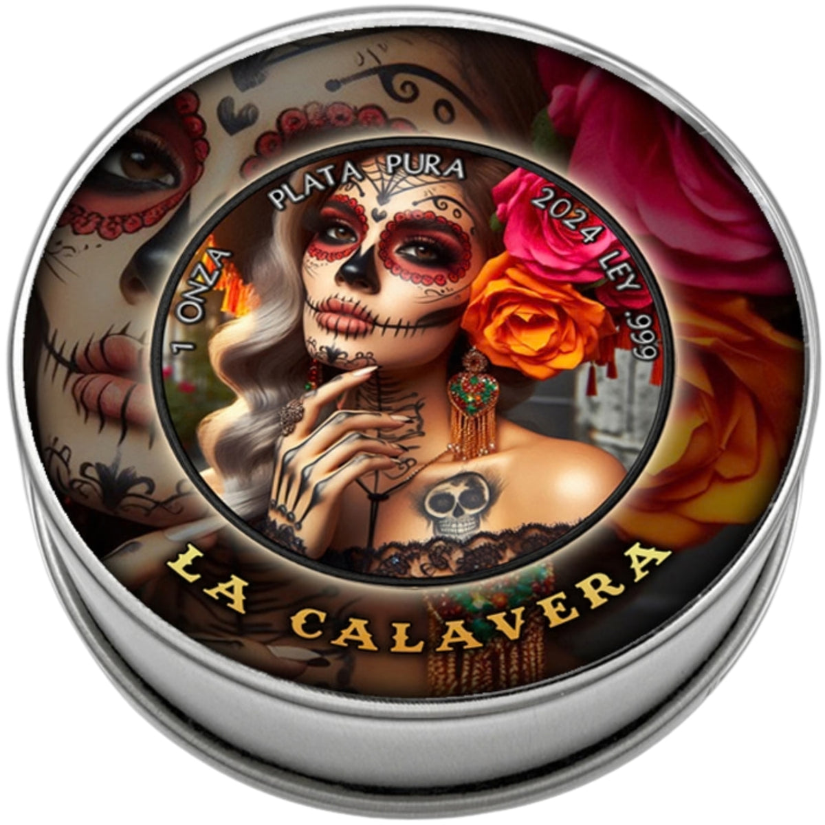 A round silver tin with a colorful Day of the Dead themed label reading 'LA CALAVERA' and 'PLATA PURA'. The label features a sugar-skull woman, roses, and decorative artwork, photographed on a plain white background.