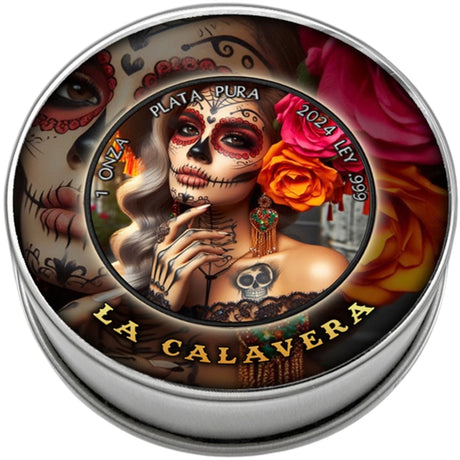 A round silver tin with a colorful Day of the Dead themed label reading 'LA CALAVERA' and 'PLATA PURA'. The label features a sugar-skull woman, roses, and decorative artwork, photographed on a plain white background.