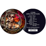 Certificate of Authenticity Showing Coin Specifications and number in limited mintage of 400. The front of the Certificate features the coin design- a Day of the Dead sugar skull illustration with roses and the text 'LA CALAVERA' and 'DIA DE LOS MUERTOS 2024'.