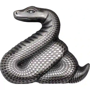 Metallic snake sculpture on a white background
