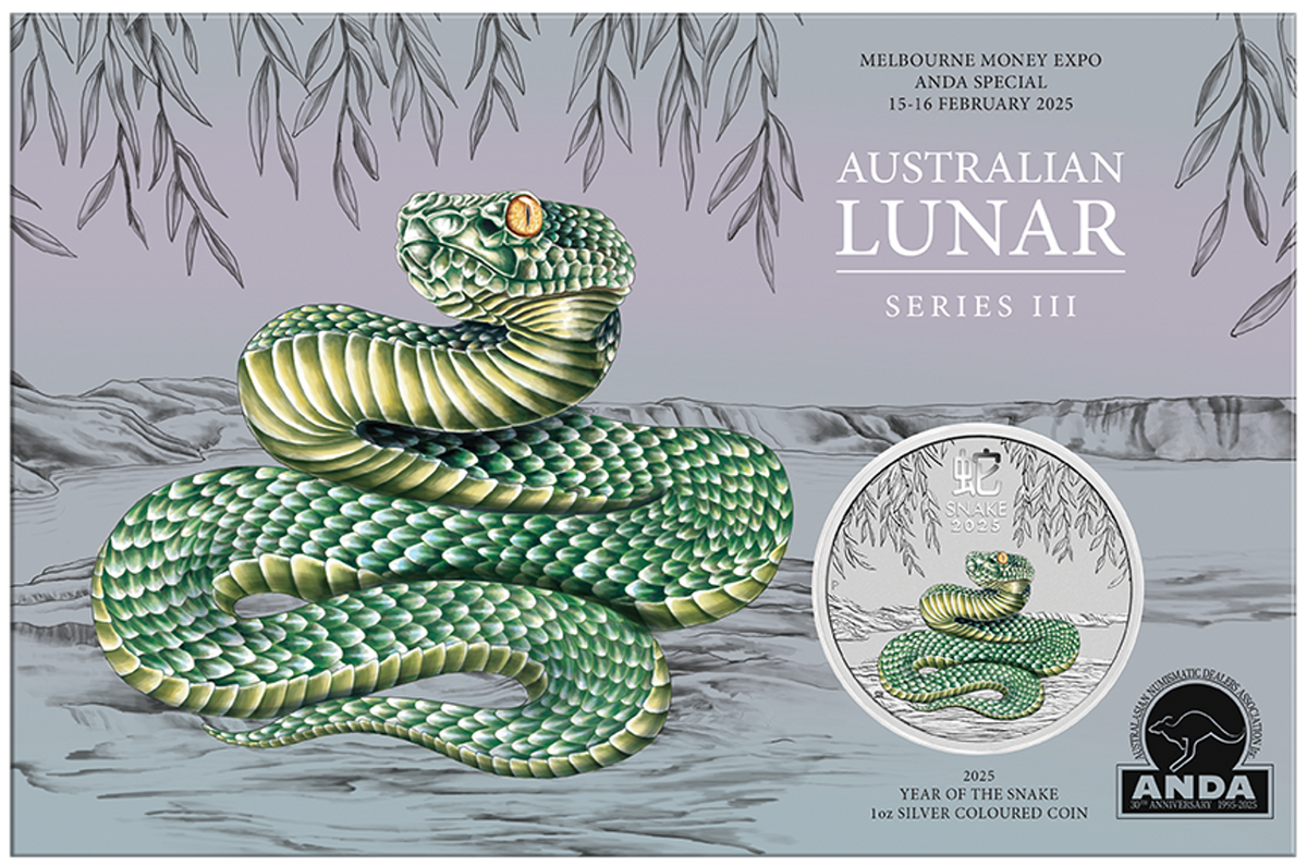 Australia 2025 $1 Year of the Snake 1oz .9999 Silver Coloured Coin in Card - Melbourne Money Expo ANDA Special