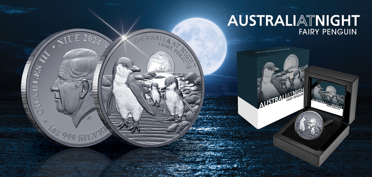#111 CERTIFICATE Niue 2024 $1 Australia at Night Fairy Penguins 1oz Silver Black Proof Coin