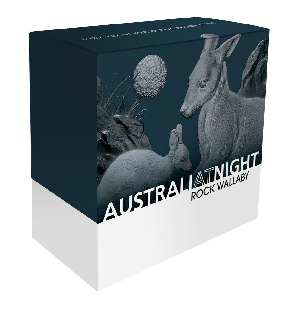 Niue 2023 $1 Australia at Night Rock Wallaby 1oz Silver Black Proof Coin Shipper Box and Left Side