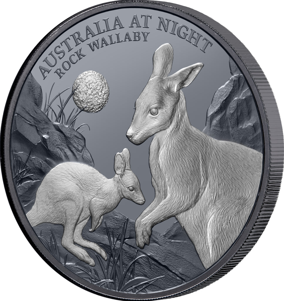 Niue 2023 $1 Australia at Night Rock Wallaby 1oz Silver Black Proof Coin reverse and Rim Right