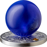  Neptune blue cat’s-eye sphere resting on its 2oz antique silver coin display stand with astronomical symbols.