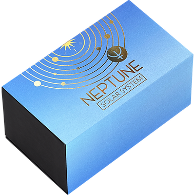 Blue Neptune Solar System packaging sleeve with gold orbital artwork and Neptune’s astronomical symbol.
