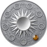 Neptune silver coin reverse with radiating solar rays, astronomical symbols and a digitally gilded Neptune symbol