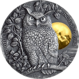 A high relief design of a long-eared owl perched above a gilded moon on a silver coin, with leaves and branches in the background.