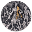 Niue 2023 $5 OSIRIS Gods of Anger 2oz High Relief Gilded .999 Antiqued Silver Coin featuring a central figure - Osiris -  with mummies on either side, labeled 'Gods of Anger Osiris'.