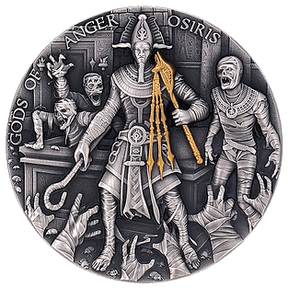 Niue 2023 $5 OSIRIS Gods of Anger 2oz High Relief Gilded .999 Antiqued Silver Coin featuring a central figure - Osiris -  with mummies on either side, labeled 'Gods of Anger Osiris'.