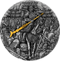 Decorative coin with intricate design of a warrior on horseback, gold arrow, and text 'Zhang Hei'.