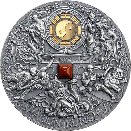 Niue 2024 Shaolin Kung Fu 5oz silver coin reverse with martial artists, animal motifs, gilded yin-yang symbol and red jasper insert
