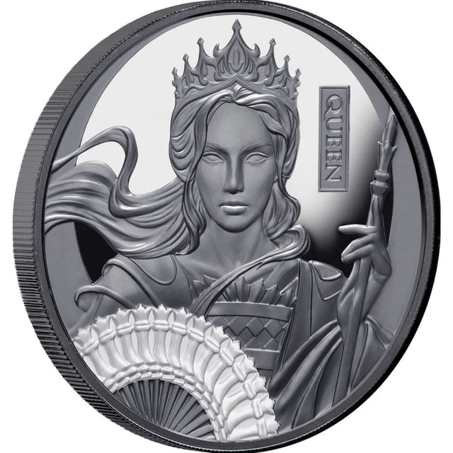 Silver coin featuring a woman with a crown and the word 'Queen' on a white background
