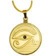Gold coin pendant with Eye of Horus design on a white background