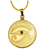 Gold coin pendant with Eye of Horus design on a white background