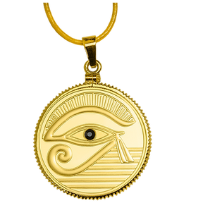 Gold coin pendant with Eye of Horus design on a white background