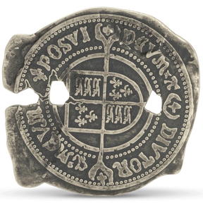 Silver Goonies Doubloon coin with intricate designs and text on a white background