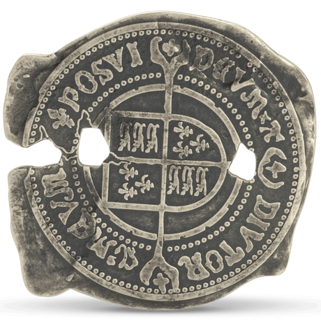 Silver Goonies Doubloon coin with intricate designs and text on a white background