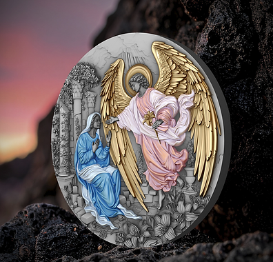 Decorative plaque with Archangel Gabriel and the Virgin Mary design on a dark background