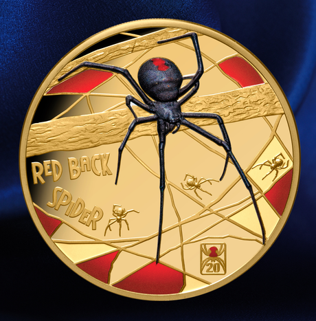 A circular gold-toned coin or medallion featuring a large black spider with a red marking on a web design, with the text 'RED BACK SPIDER' and small spider motifs, shown against a dark blue background.  - FORTYMILLION