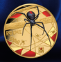 A circular gold-toned coin or medallion featuring a large black spider with a red marking on a web design, with the text 'RED BACK SPIDER' and small spider motifs, shown against a dark blue background.  - FORTYMILLION