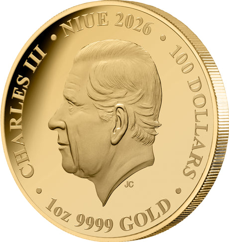 Gold coin with a portrait and text indicating 'Charles III', 'NIUE 2026', '100 Dollars', '1oz 9999 Gold'.