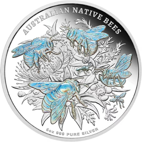 Niue 2026 Native Australian Bees 5 oz silver proof coin, Four beepolinating a flower with hologram detai