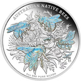 Niue 2026 Native Australian Bees 5 oz silver proof coin, Four beepolinating a flower with hologram detai