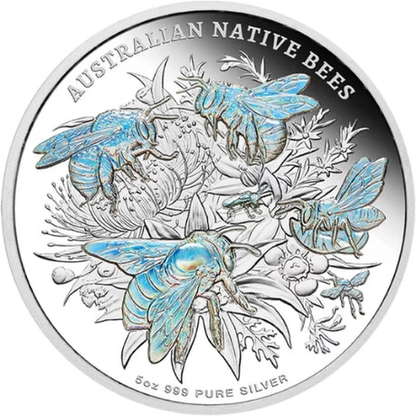 Niue 2026 Native Australian Bees 5 oz silver proof coin, Four beepolinating a flower with hologram detai