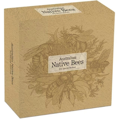 Niue 2026 Native Australian Bees 5 oz silver proof coin with its black outer presentation box on a dark background