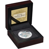 Niue 2026 Native Australian Bees 5 oz silver proof coin in its open black presentation case on a dark background