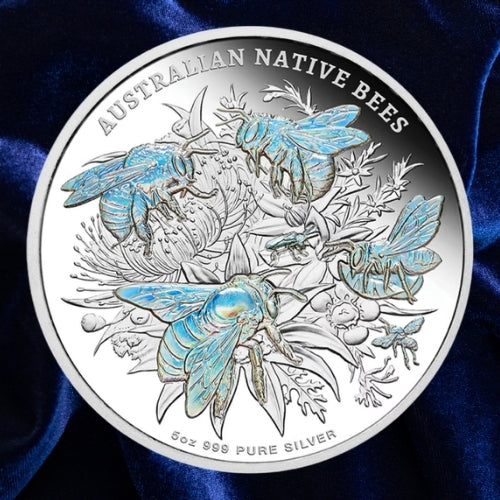 Niue 2026 Native Australian Bees 5 oz silver proof coin, Four beepolinating a flower with hologram detai on a blue satin background.