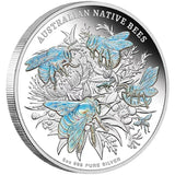 Niue 2026 Native Australian Bees 5 oz silver proof coin showing angled view of the bee design and a reeded rim.