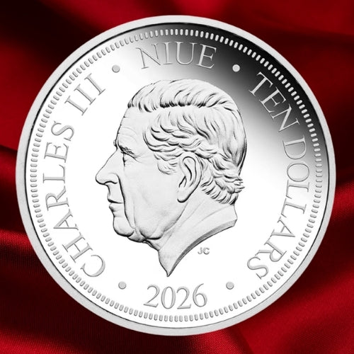 Niue 2026 Native Australian Bees 5 oz silver proof coin i obverse with King Charles III effigy on a red satin background.