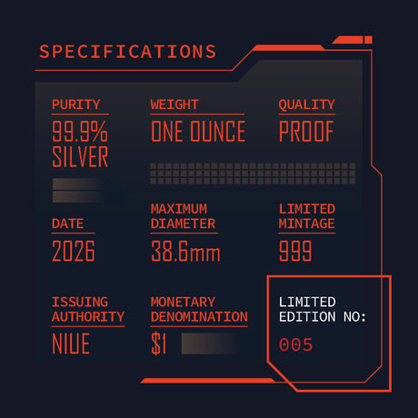 Digital display of silver coin specifications with red text on a black background