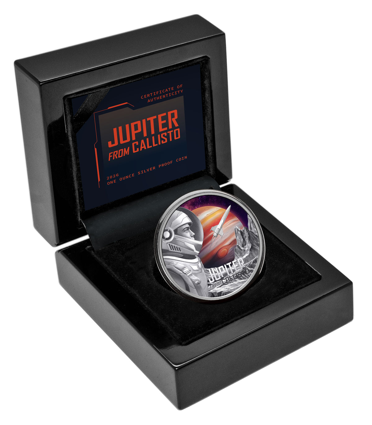 Silver coin with space-themed design in a black display case