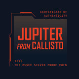 Certificate of authenticity for a 'Jupiter from Callisto' silver proof coin on a dark background.