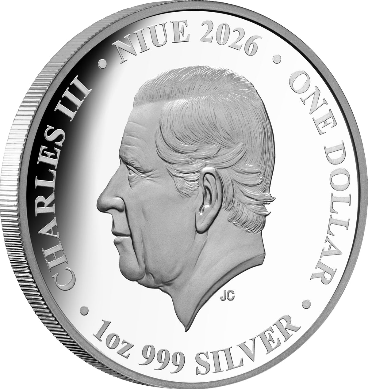 Silver coin with a profile of a person and text indicating 'Charles III', 'Niue 2026', 'One Dollar', and '1oz 999 Silver'.
