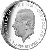 Silver coin with a profile of a person and text indicating 'Charles III', 'Niue 2026', 'One Dollar', and '1oz 999 Silver'.