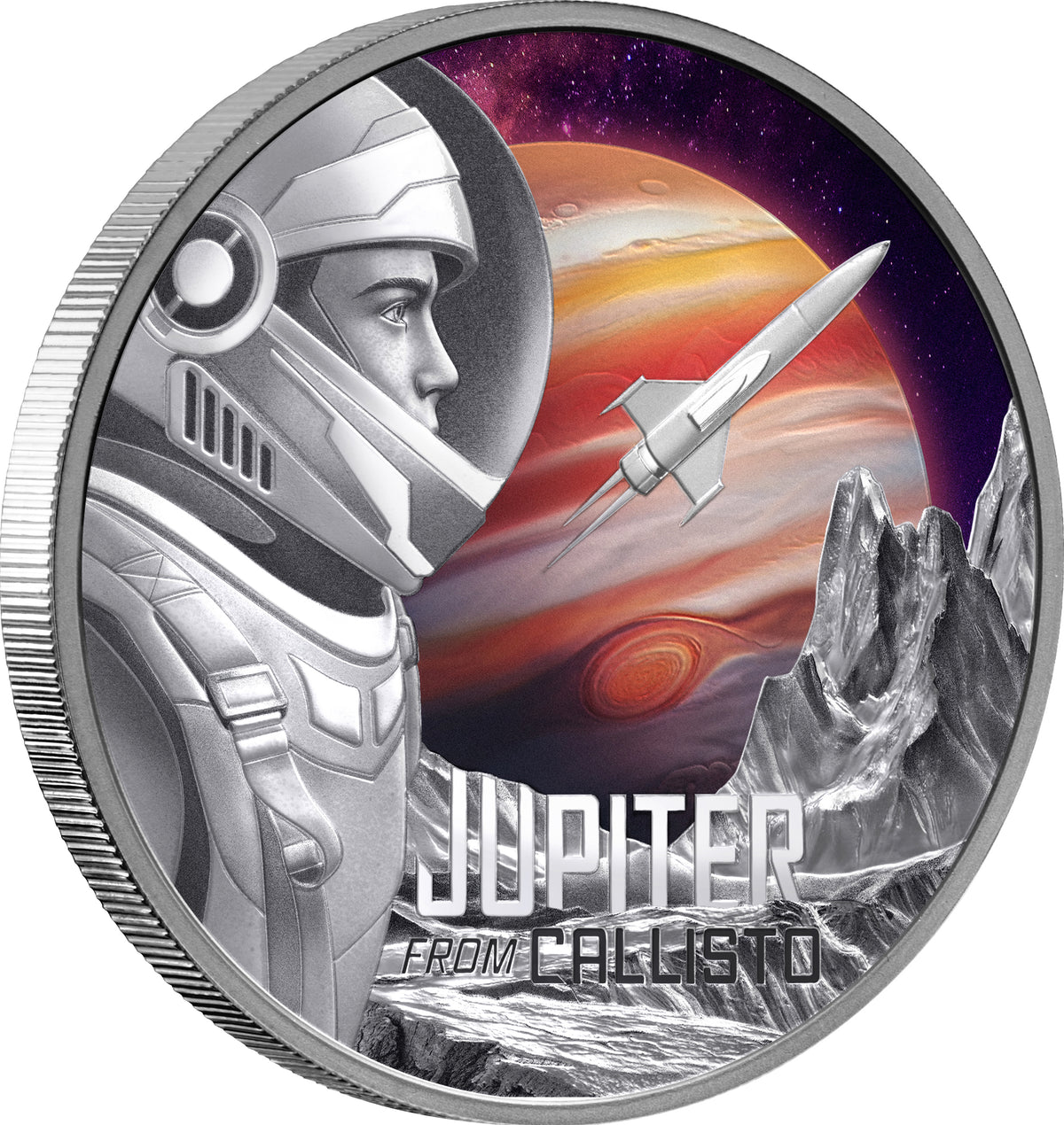 Coin with astronaut, Jupiter, and rocket illustration on a white background