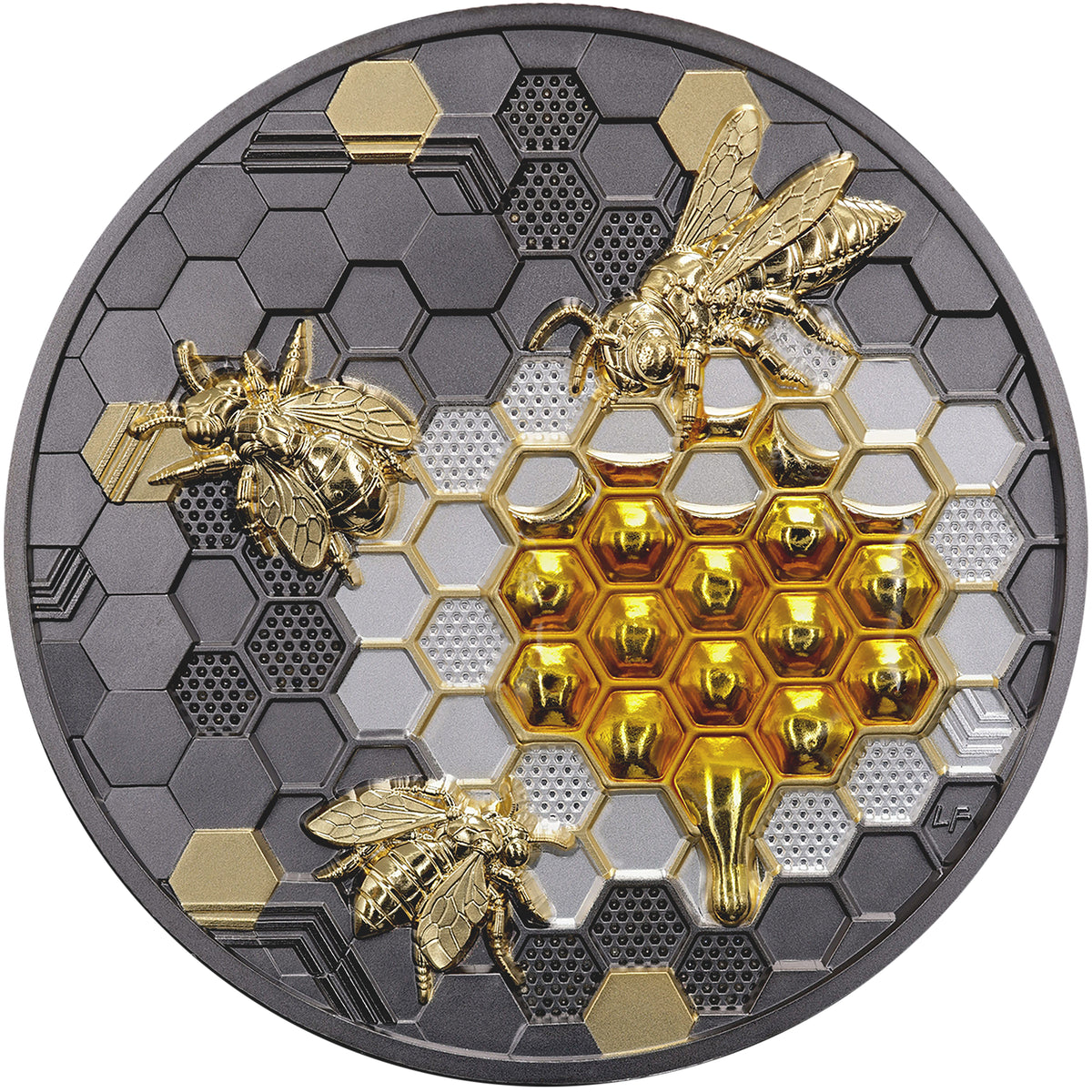 A circular collectible coin featuring a gold and silver honeycomb design with three gold bees, isolated on a white background.