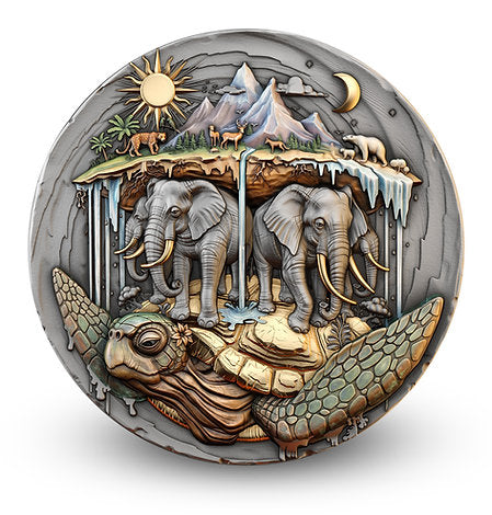 Reverse: Akupara coin reverse showing elephants supporting a mountainous world above a turtle.