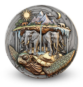 Reverse: Akupara coin reverse showing elephants supporting a mountainous world above a turtle.