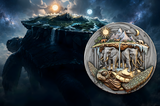 World artwork: Akupara coin reverse beside a mythical landscape beneath the Sun and Moon.