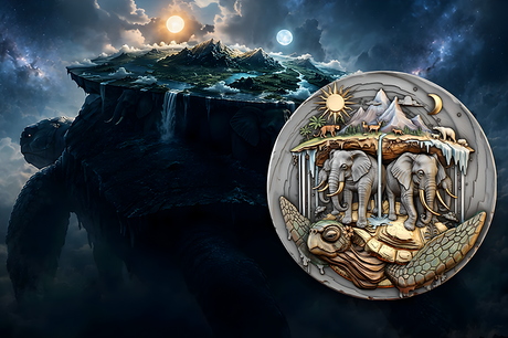 World artwork: Akupara coin reverse beside a mythical landscape beneath the Sun and Moon.