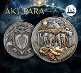 Banner - Akupara promotional image showing obverse and reverse against a mythical world backdrop.